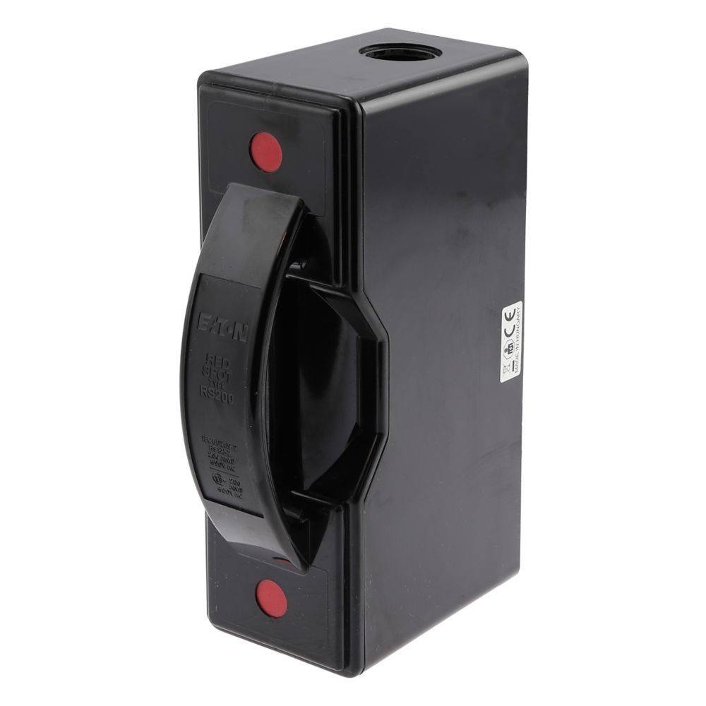 Eine schwarze elektrische Schalterdose mit einem großen Griff und roten Indikatorknöpfen oben und unten. Ein Etikett mit Zertifizierungszeichen ist an der Seite angebracht.