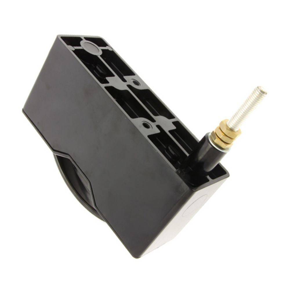 Eine schwarze rechteckige Komponente mit einer metallischen Gewindestange, die aus einem Ende hervorsteht und interne Fächer sowie Schlitze zur Befestigung aufweist.