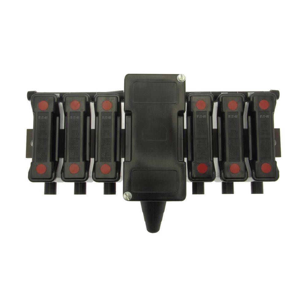 Eine schwarze elektrische Komponente mit mehreren identischen Schaltern, horizontal angeordnet. Jeder Schalter verfügt über einen roten Knopf, wahrscheinlich für Steuerfunktionen.