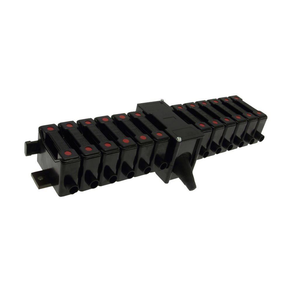 Ein schwarzer elektrischer Terminalblock mit mehreren Anschlusspunkten und einer Befestigungshalterung, der zum Organisieren und Sichern von Kabeln verwendet wird.