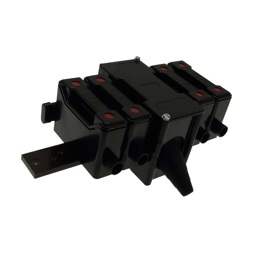 Eine schwarze elektrische Komponente mit mehreren Anschlüssen und einer Metallstange. Wesentlich für elektrische Schaltkreise und Installationen.