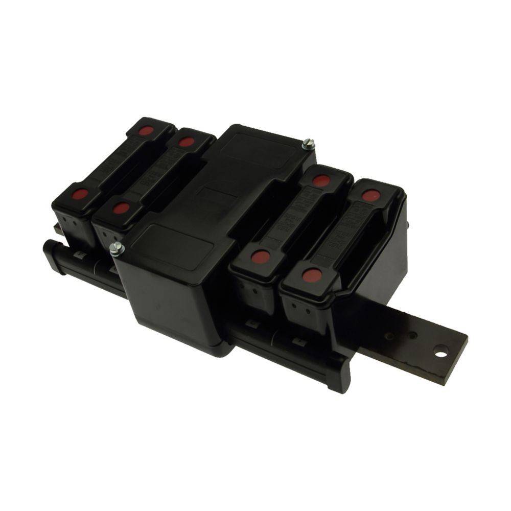 Ein schwarzer industrieller elektrischer Verbindungsblock, der an einem Metallhalter montiert ist und mehrere Kontaktpunkte mit roten Abdeckungen aufweist.