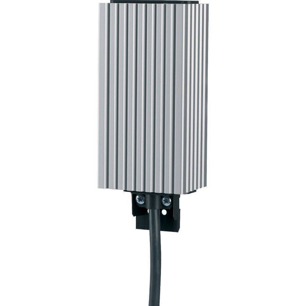 Rechteckiges, vertikales, metallisches Gerät mit gerippter Oberfläche, das auf einer schwarzen Halterung montiert ist. Ein schwarzes Kabel ragt von der Unterseite heraus.
