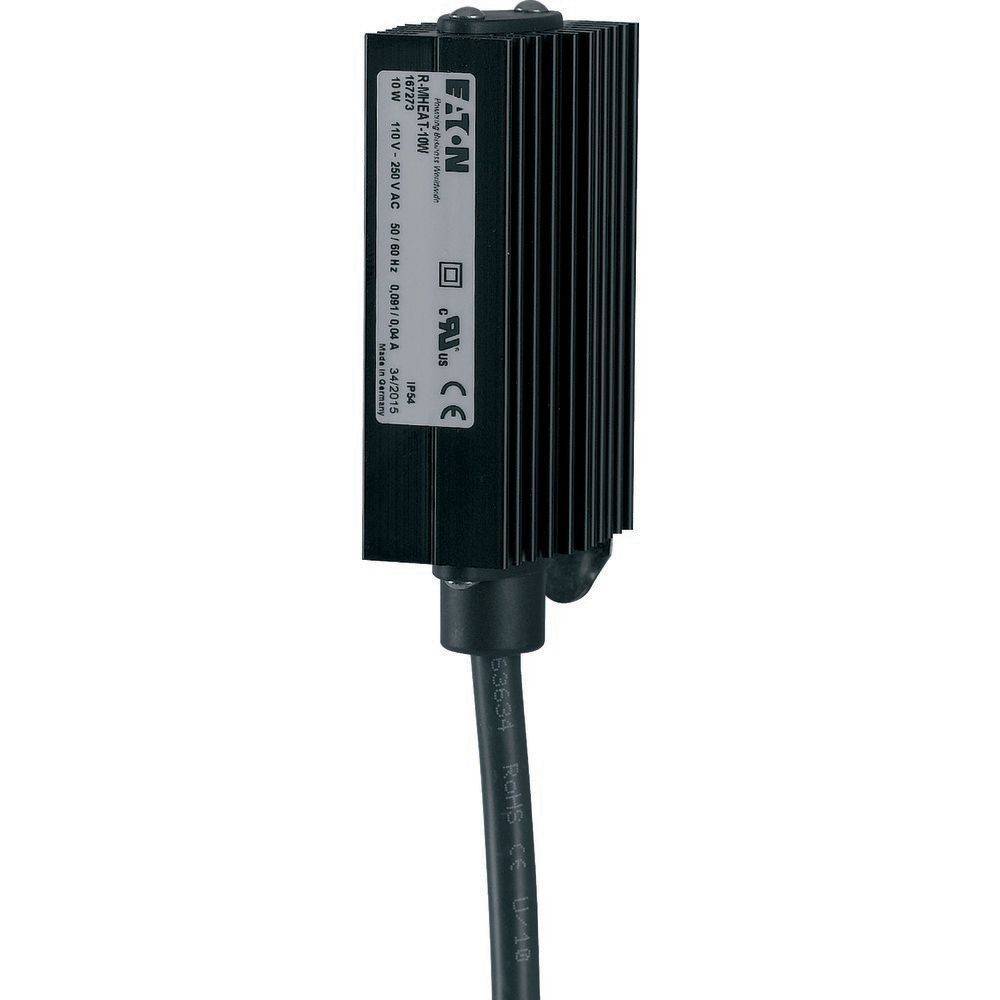 Ein schwarzes industrielles Gerät mit einem Eaton-Etikett, das Spezifikationen aufweist und unten mit einem Kabel versehen ist.