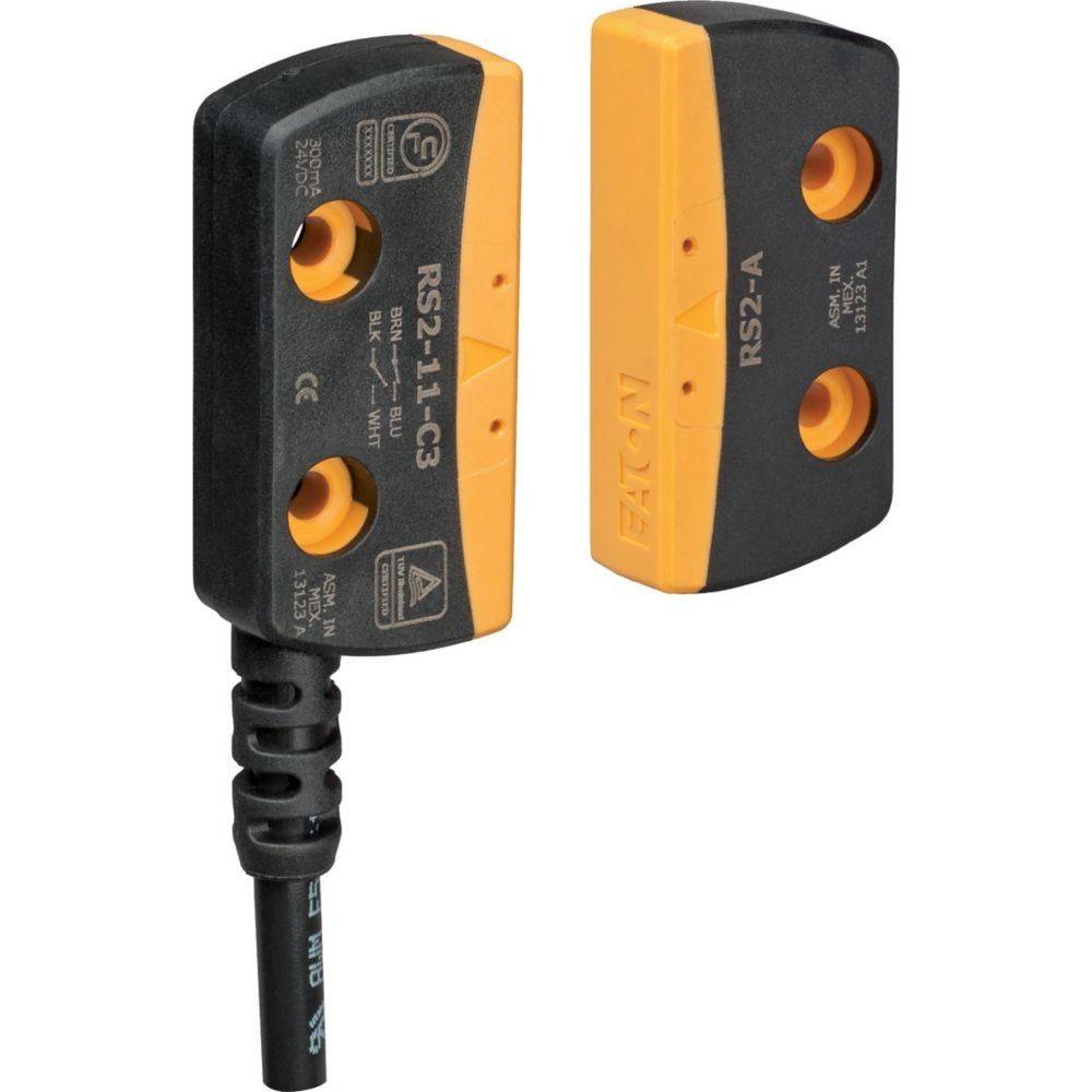 Zwei rechteckige Sicherheitssensoren mit orange-schwarzem Gehäuse. Ein Sensor hat ein sichtbares Kabel angeschlossen, während der andere kabellos ist.