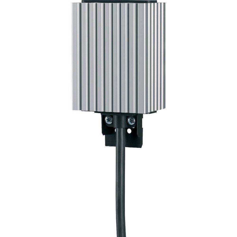Eine vertikale, rechteckige, silberne, gefiederte elektronische Komponente mit einer schwarzen Basis und einem angeschlossenen schwarzen Kabel.