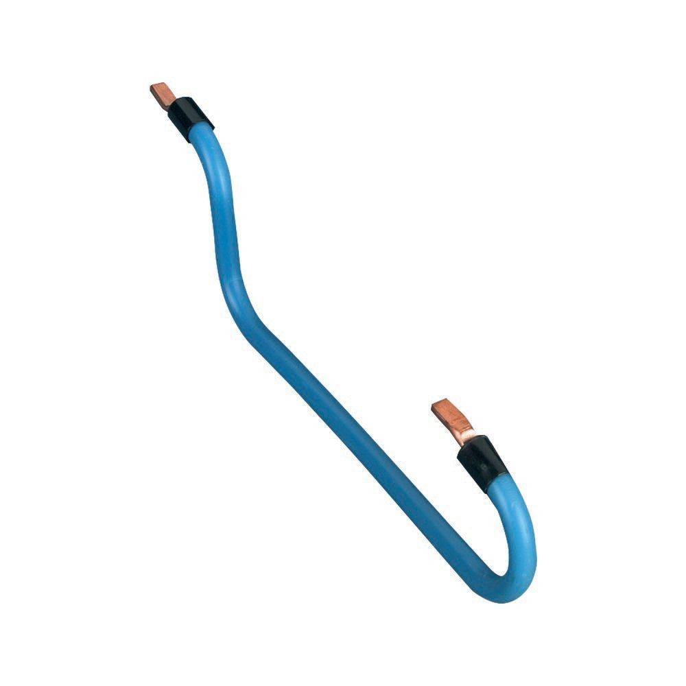 Ein blau isoliertes Kupferkabel mit freigelegten Enden, wahrscheinlich für elektrische Verbindungen oder Erdungszwecke verwendet.