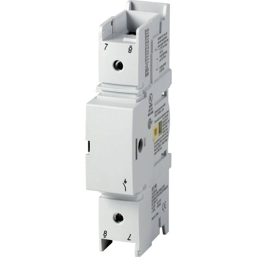 „Ein weißer elektrischer Sicherungsautomat mit beschrifteten Anschlüssen und einem Schalter.