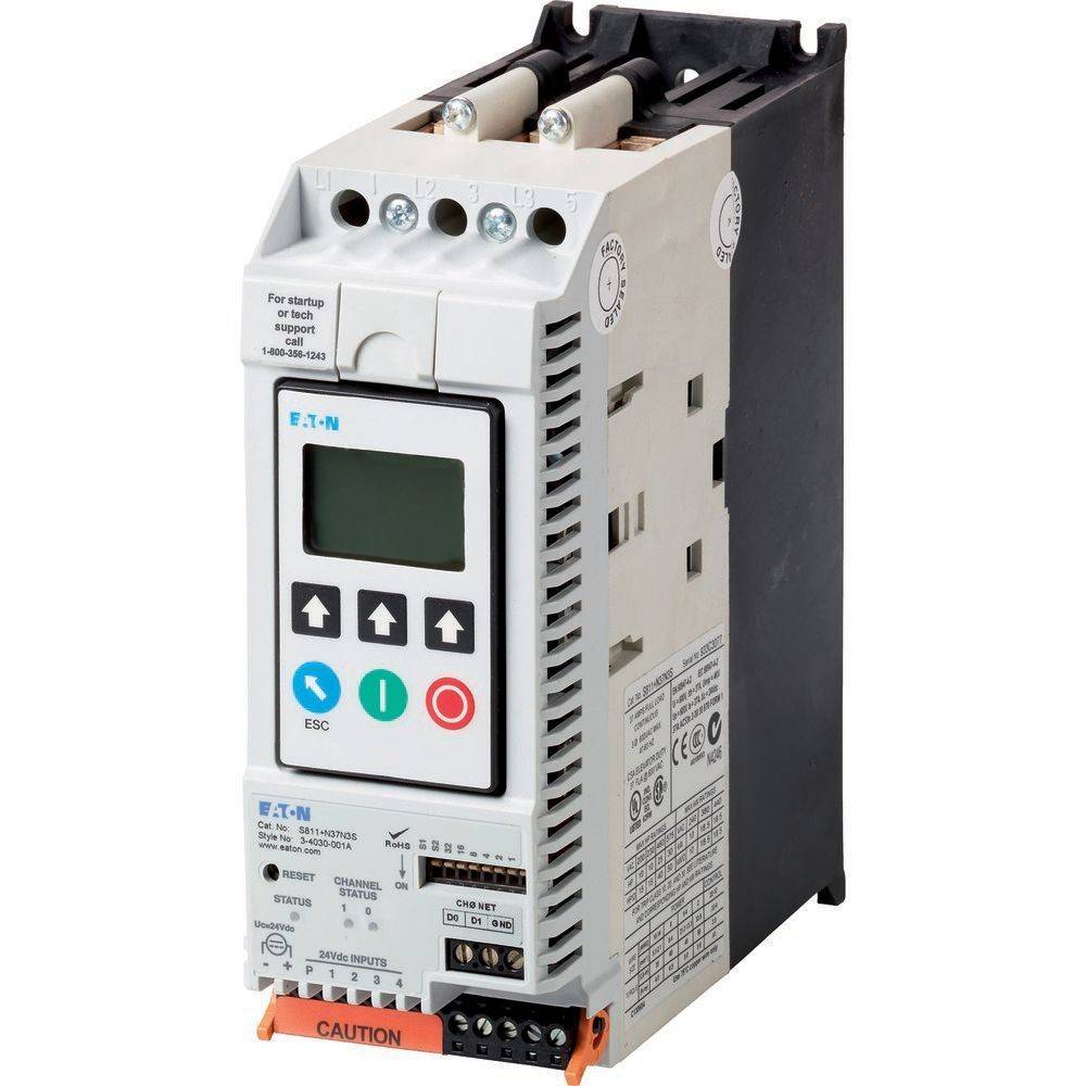 Ein weißes und schwarzes Eaton-Elektronikgerät mit digitaler Anzeige, Tasten und Warnhinweisetikett. Es scheint eine elektronische Steuereinheit zu sein.