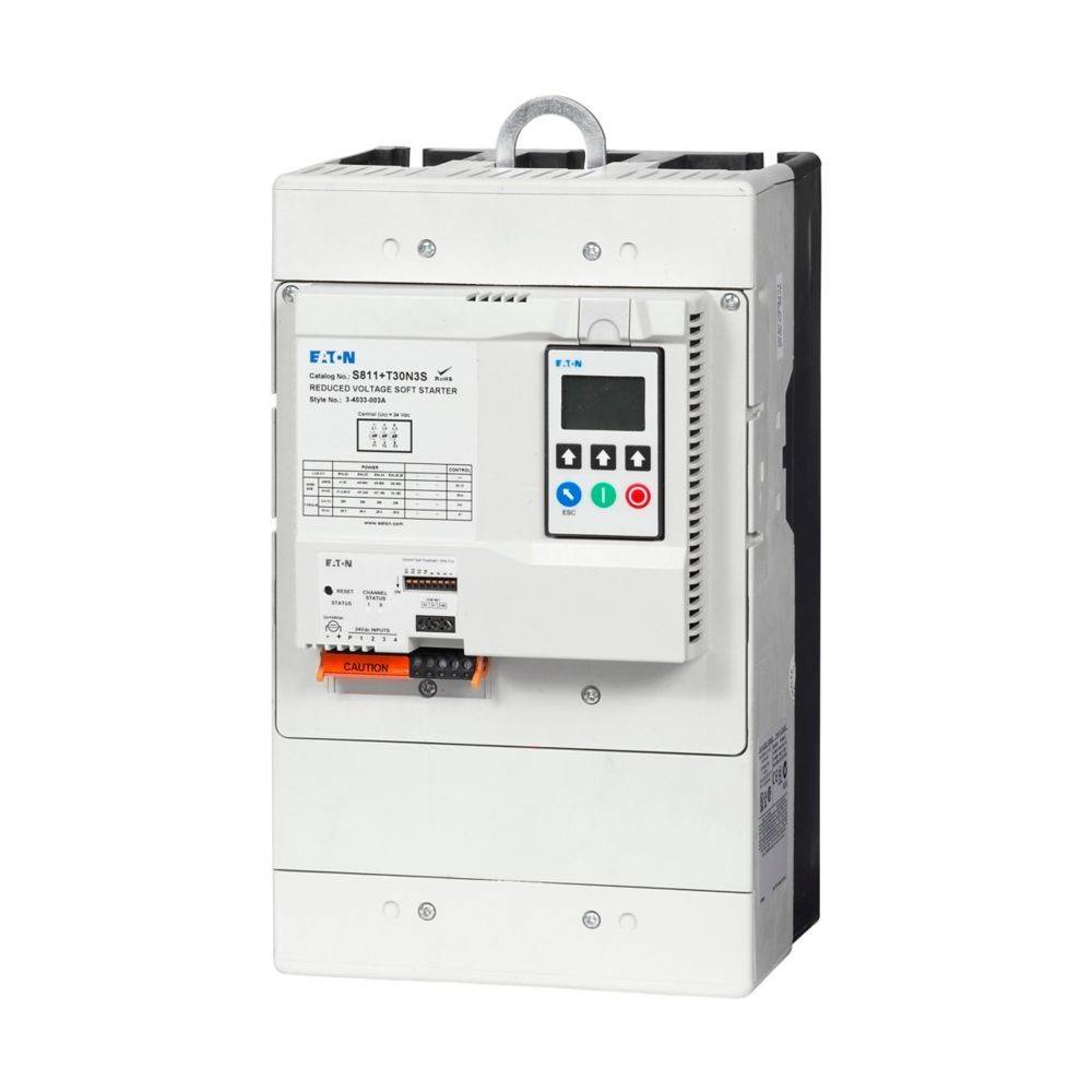 Ein weißer industrieller Leistungsschalter mit digitaler Anzeige und Bedienungstasten, beschriftet mit 'Eaton' und 'Serie NRX', für elektrische Anwendungen.