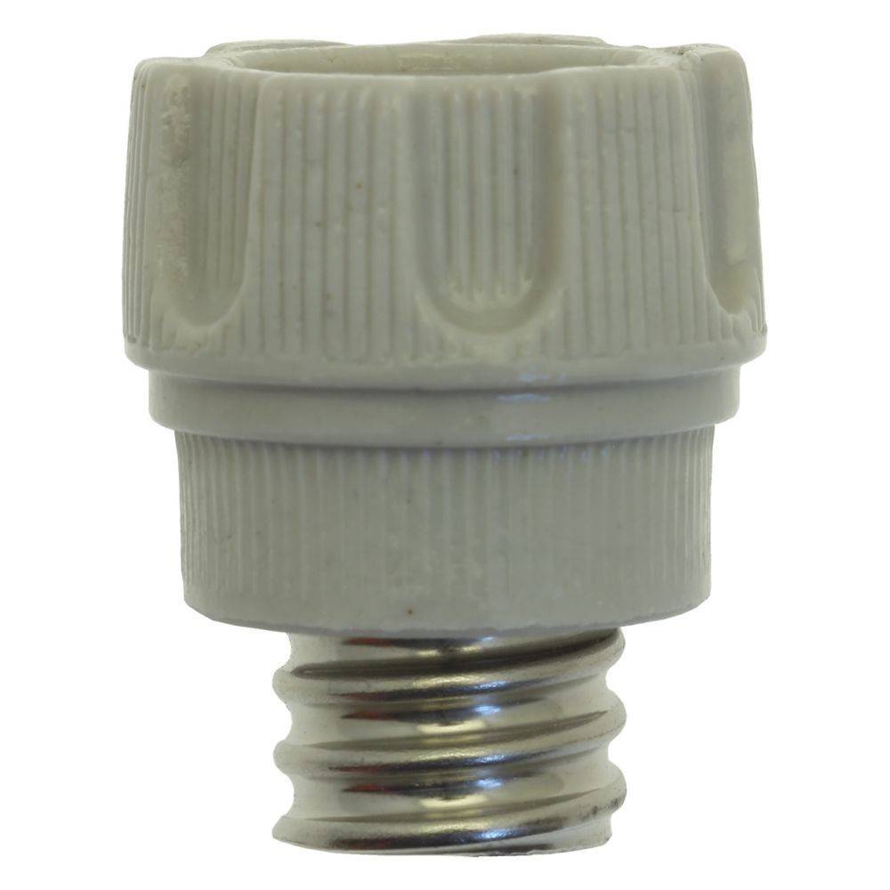 Ein Adapter mit einer Schraubsockel-Basis und einem gerippten, zylindrischen Oberteil, der zum Umrüsten von Lampenfassungen verwendet wird.