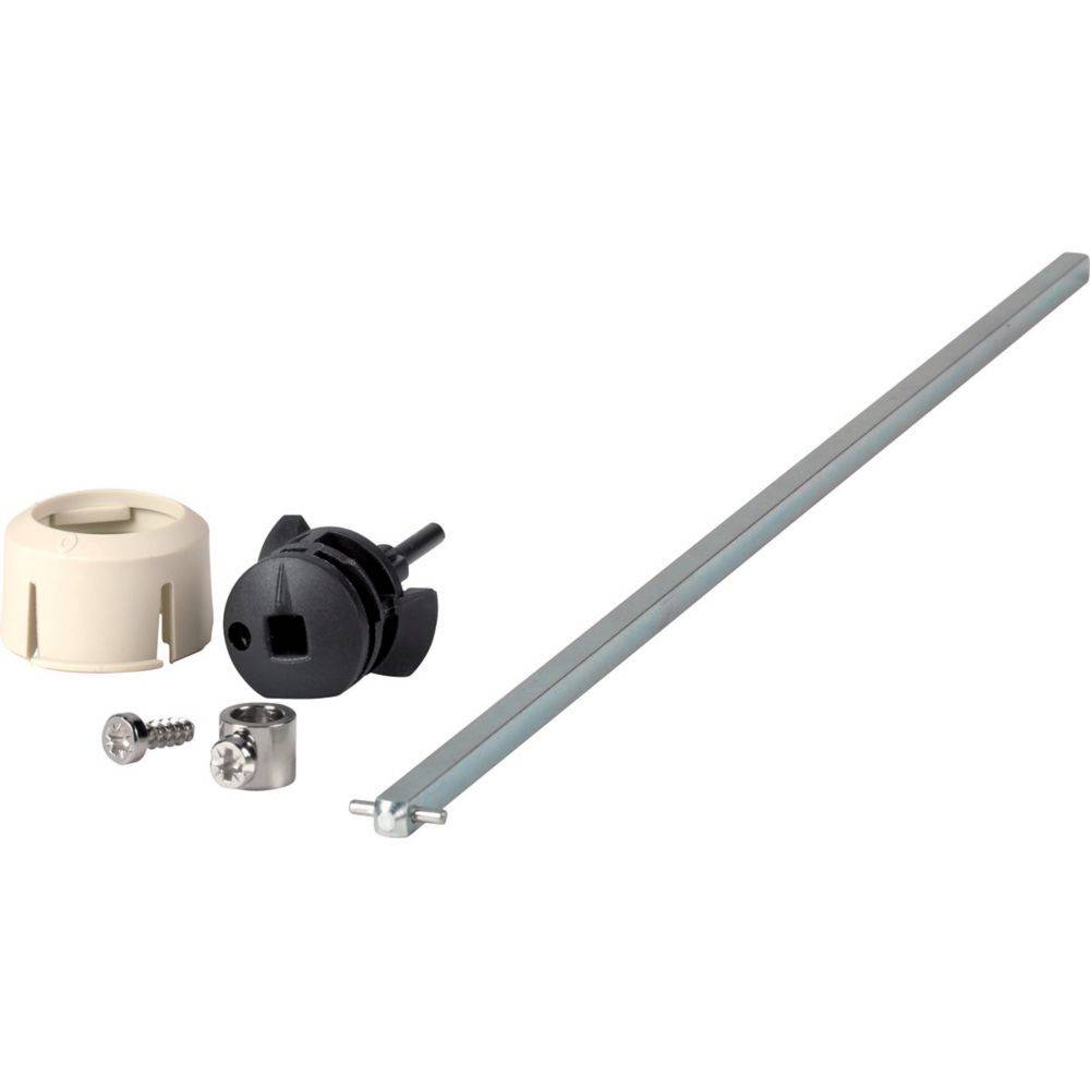 Ein Satz Fensterreparatur-Kitkomponenten, darunter eine weiße Abdeckung, schwarzer Knopf, Metallhalterung und Schrauben, die auf einem weißen Hintergrund angeordnet sind.