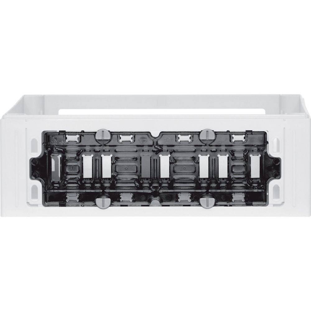 Ein rechteckiger weißer modularer Rahmen mit schwarzer interner Gitterstruktur, konzipiert zum Halten von elektronischen Komponenten oder Verdrahtungsvorrichtungen.