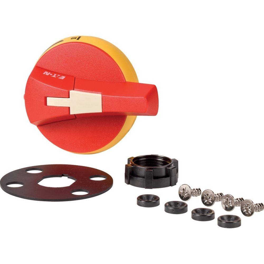 Rot-gelber Rotationsschalter-Trennschalter-Satz mit schwarzer Montageplatte, Befestigungsring und Schrauben, verwendet zur elektrischen Isolation.