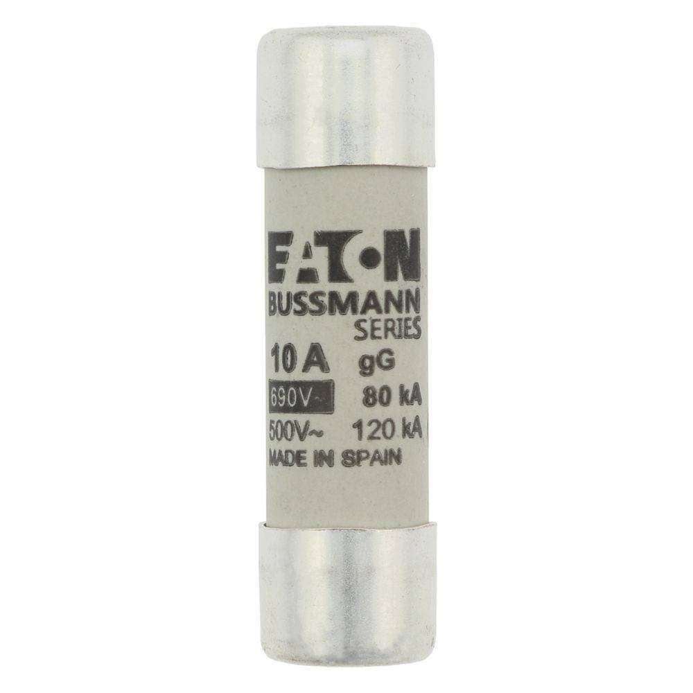 Eine zylindrische Sicherung mit der Beschriftung 'Eaton Bussmann Serie 10A 690V, 80kA, gG, 500V~ 120kA, Hergestellt in Spanien.
