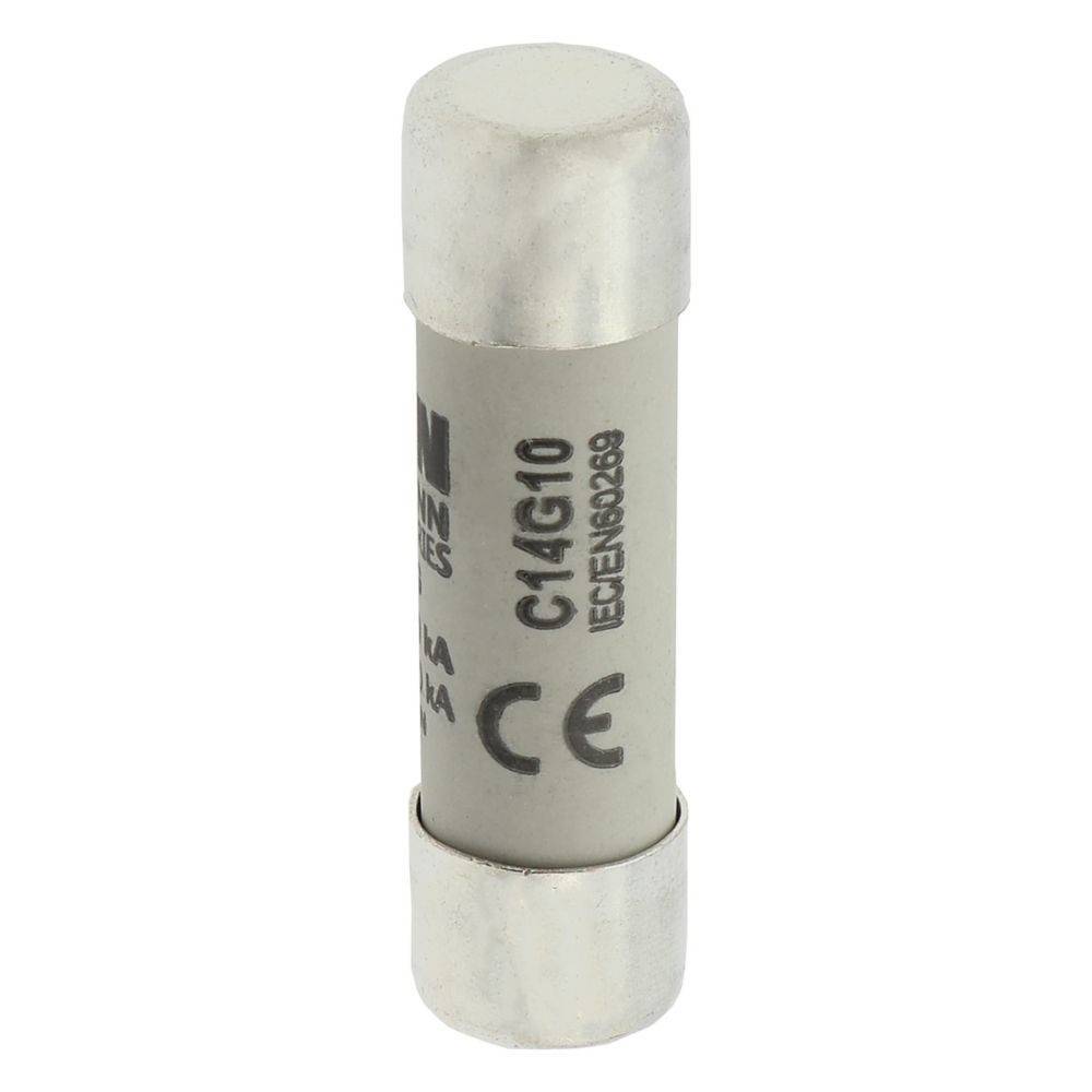 Eine zylindrische elektrische Sicherung mit Metallkappen, auf deren Gehäuse 'C10G10 CE' gekennzeichnet ist und die zum Schutz von elektrischen Schaltkreisen verwendet wird.