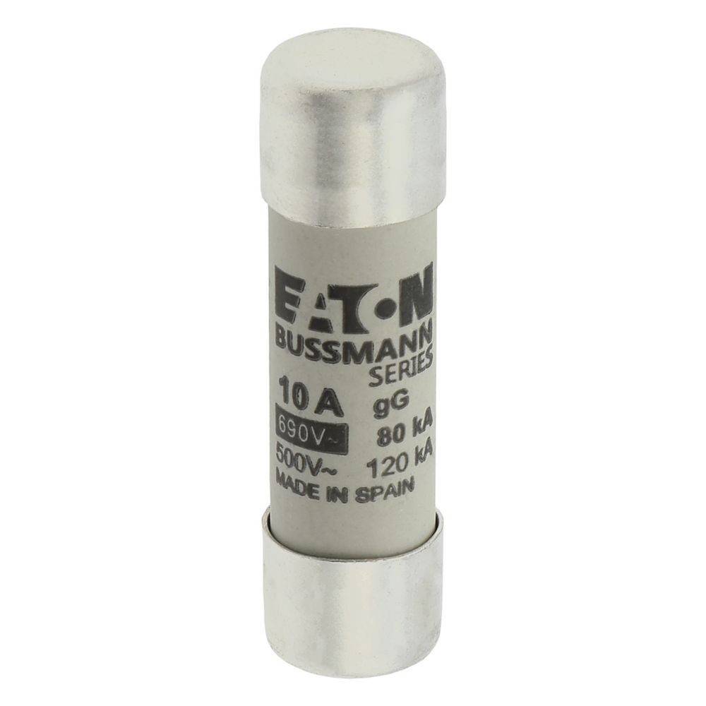 Ein zylindrischer Eaton Bussmann Sicherungseinsatz, gekennzeichnet mit '10A 690V 80kA 500V 120kA', aus der gG-Serie. Text besagt 'Made in Spain'.
