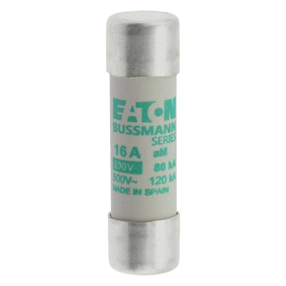 Eine Zylindersicherung aus der Reihe 'Eaton Bussmann Series', ausgelegt für 16A, 500V und 80kA, mit dem Aufdruck 'Made in Spain' in grüner Schrift.