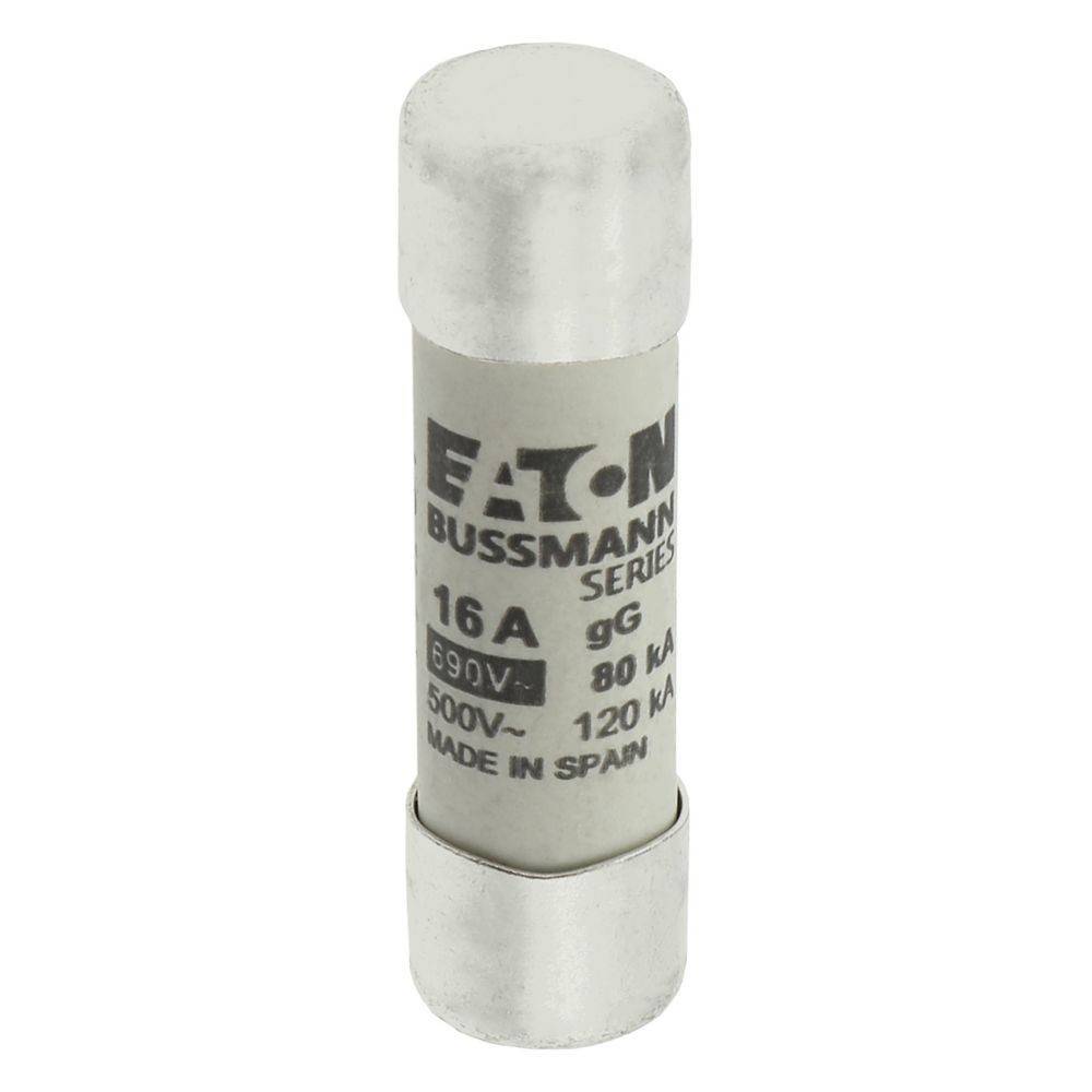 Eine zylindrische Eaton Bussmann Sicherung mit der Beschriftung „16A, 500V