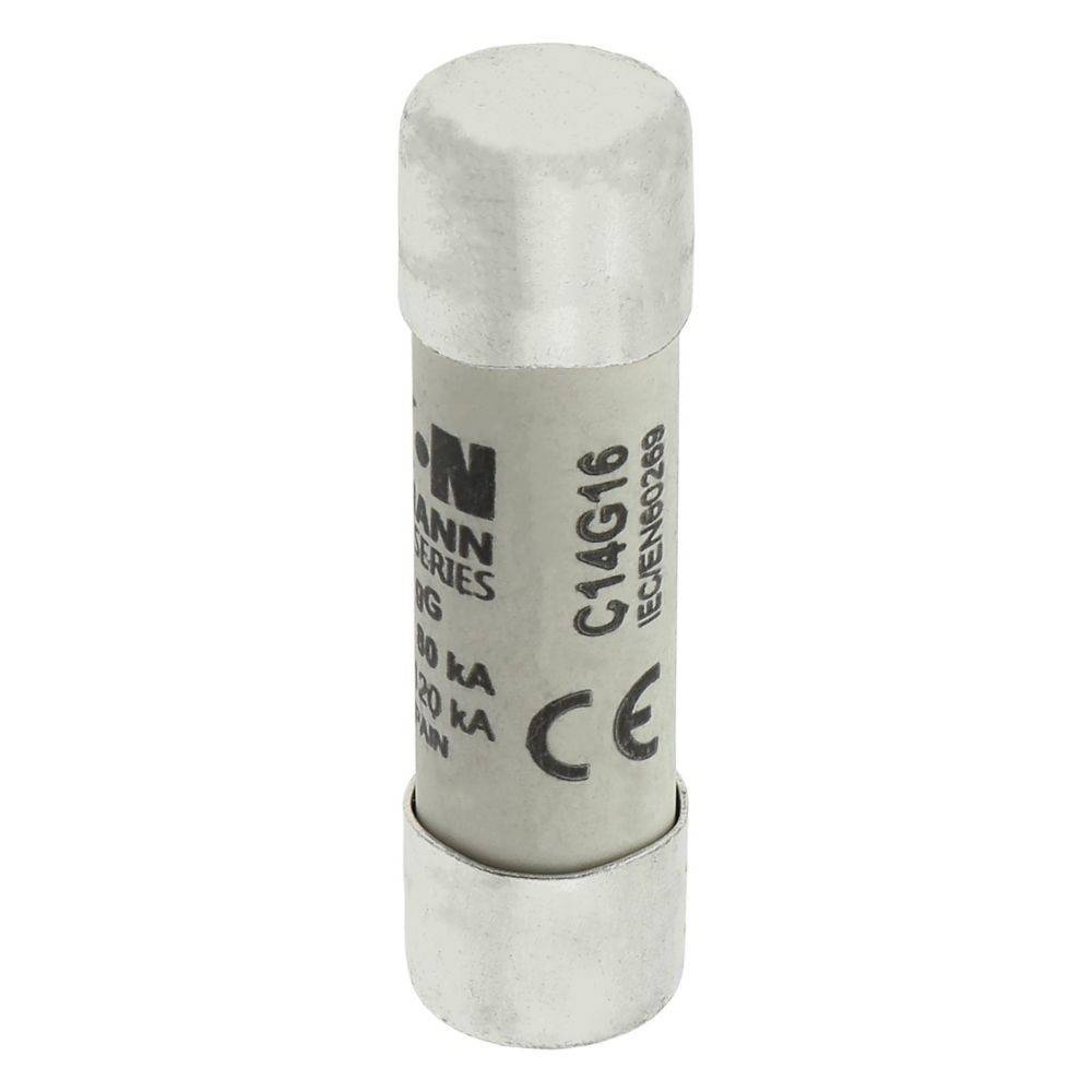 Eine zylindrische elektrische Sicherung mit Metallkappen, beschriftet mit '14G16' und 'CE'. Verwendet zum Überstromschutz in elektrischen Schaltkreisen.