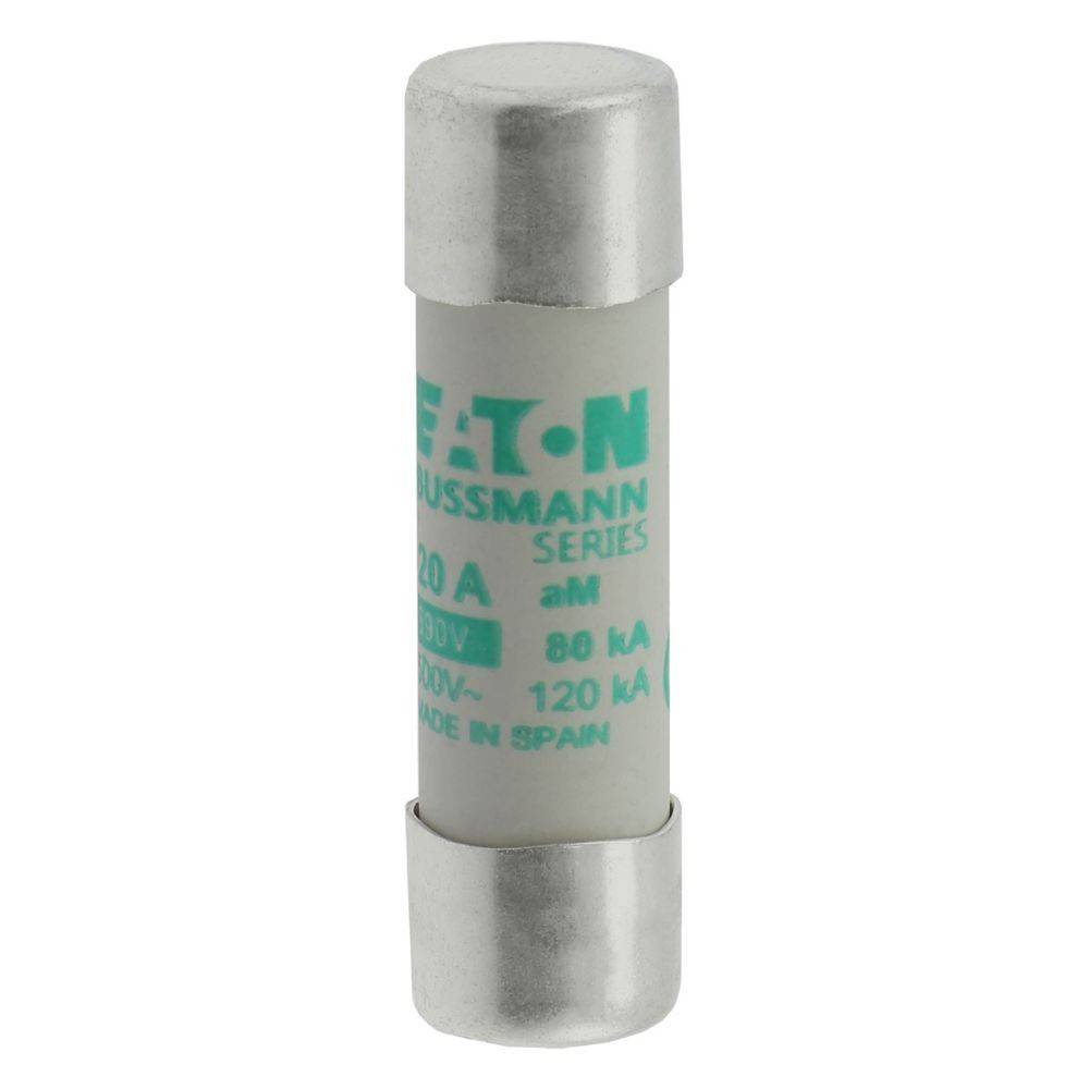 Eine zylindrische Eaton Bussmann Series Sicherung, mit einer Nennstromstärke von 20A und 500V, mit silberfarbenen Endkappen und einem weißen Gehäuse, gekennzeichnet mit 'Made in Spain'.