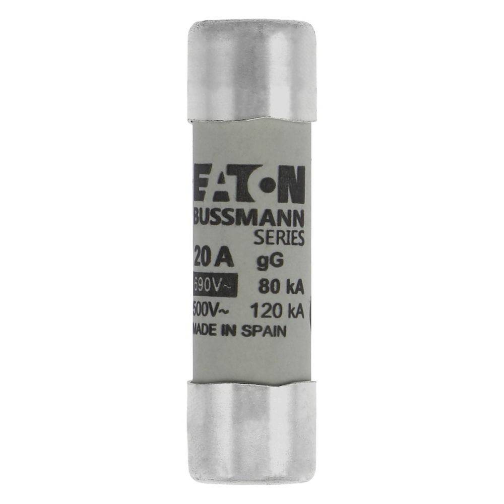 Eine zylindrische Eaton Bussmann Serie Sicherung, 20A, 500V, gG-Bewertung, 80 kA, Hergestellt in Spanien.
