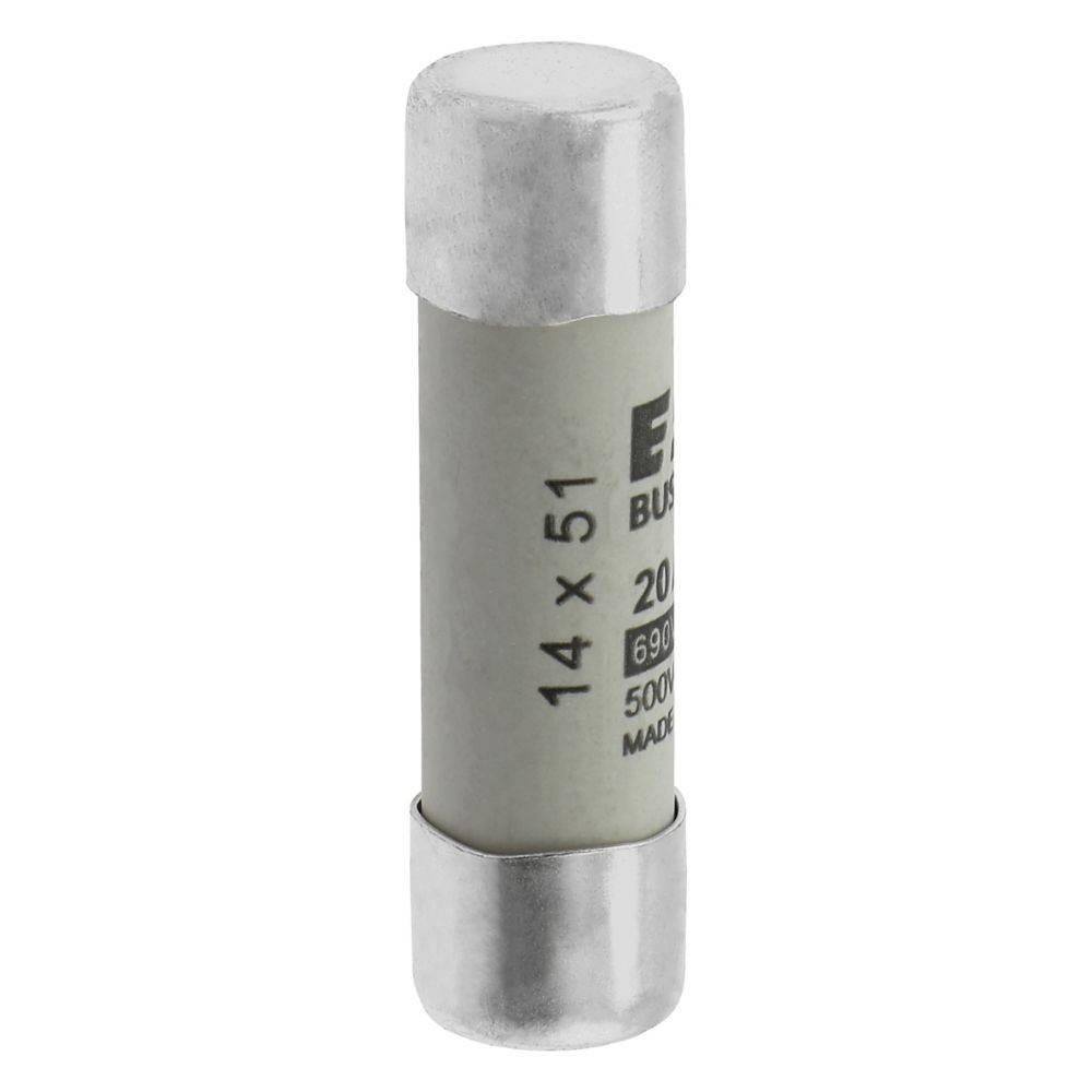 Eine Zylindersicherung mit Silberkappen, beschriftet mit '14 x 51', bemessen mit '20A' und '500V'.