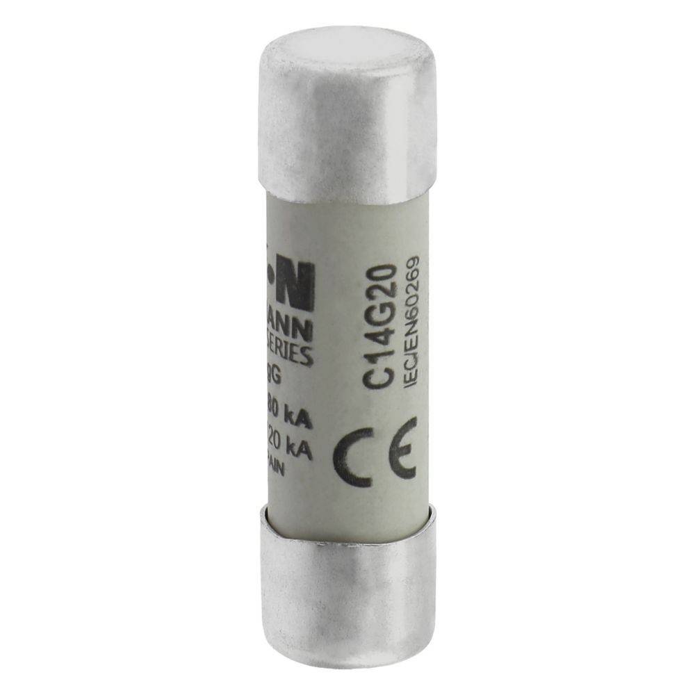 Eine Zylindersicherung mit Metallenden, beschriftet mit 'C14G20' und 'IEC 60269', die für den Einsatz in elektrischen Schaltkreisen konzipiert ist.
