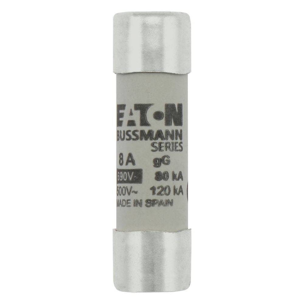 Eine zylindrische elektrische Sicherung mit Metallkappen, beschriftet mit 'Eaton Bussmann Serie 8 A, 690 V, 80 kA, 800 V~, 120 kA, Hergestellt in Spanien'.