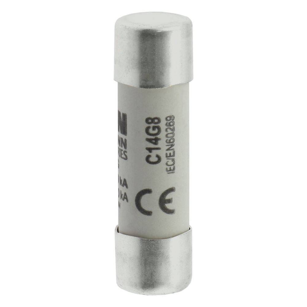 Eine zylindrische Glaselektrische Sicherung mit Metallkappen, gekennzeichnet mit ‚C14G8' und ‚IEC60269', mit CE-Zertifizierung.