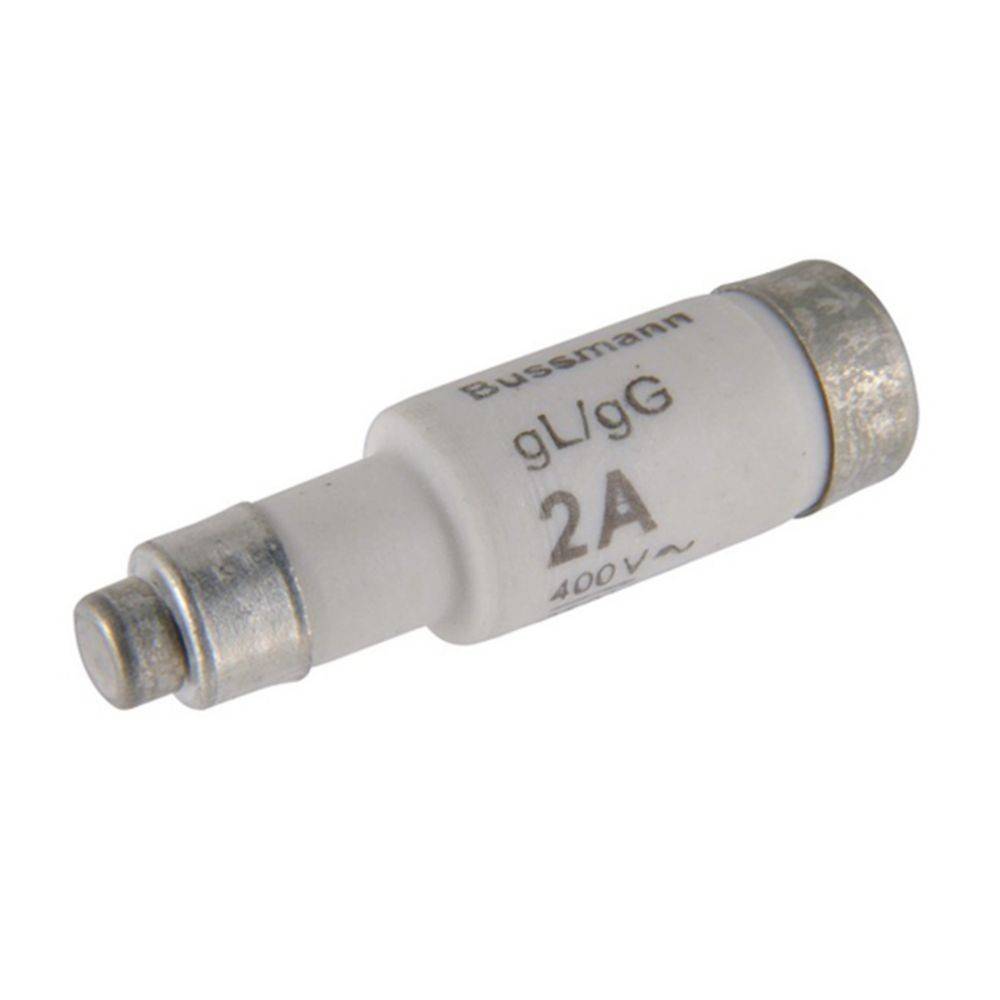 Eine weiße Keramik-Sicherung mit der Beschriftung 'Bussmann', 'gL/gG', '2A', '400V~', die ihre elektrische Bewertung und Art anzeigt, mit Metallkappen an beiden Enden.