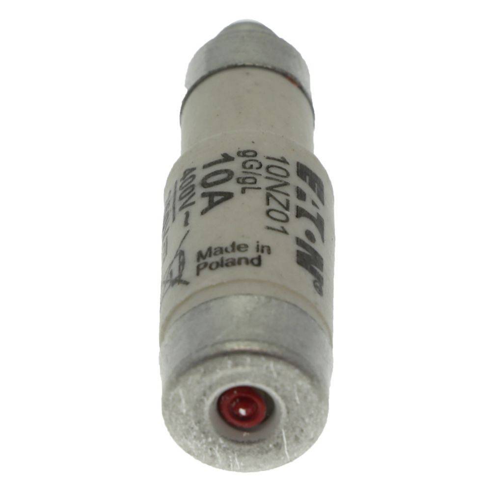 Ein weißer Eaton-Sicherungstyp E18, 10A, mit der Bezeichnung 500V, in Polen hergestellt, mit metallischen Leiteranschlüssen.