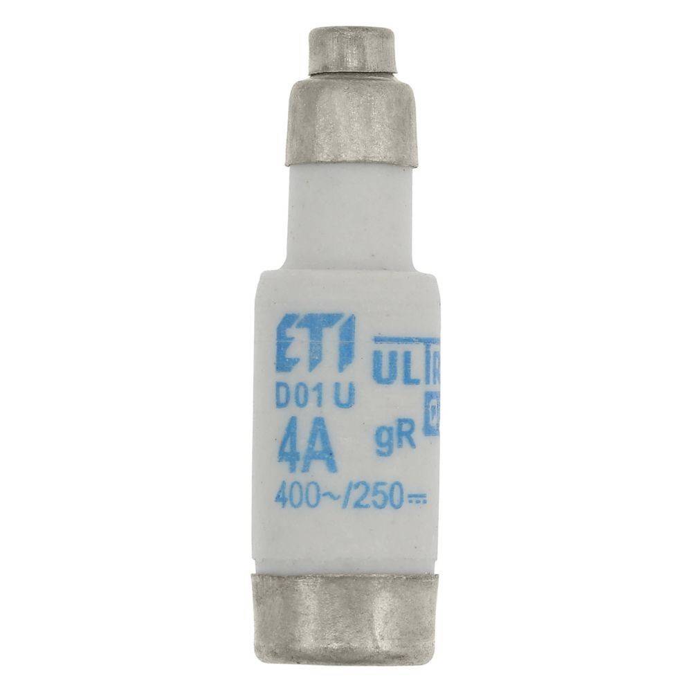 Eine weiße zylindrische Sicherung mit metallischen Enden, mit der Beschriftung '4A 400~/250V', die zum Schutz elektrischer Stromkreise verwendet wird.