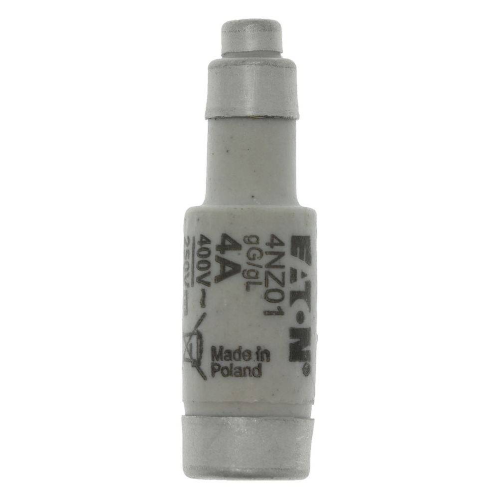 Eine weiße 4A, 400V Sicherung von Eaton, gekennzeichnet mit '4NZ01 6/GL', 'Hergestellt in Polen'. Verwendet zum Schutz elektrischer Schaltkreise vor Überstrom.