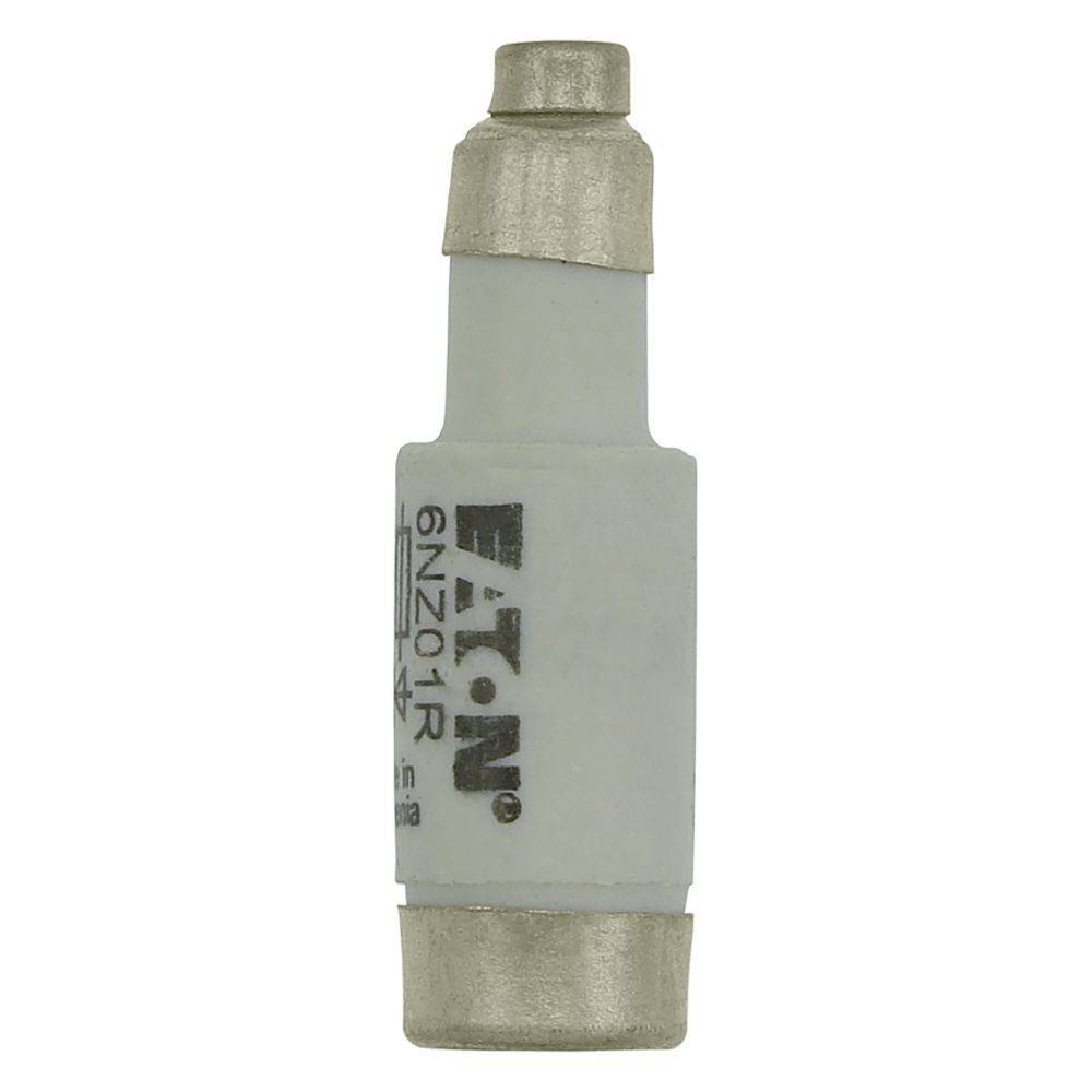 Eine zylindrische weiße Sicherung mit metallischen Enden, beschriftet mit ‚EATON 6NZ01R'.