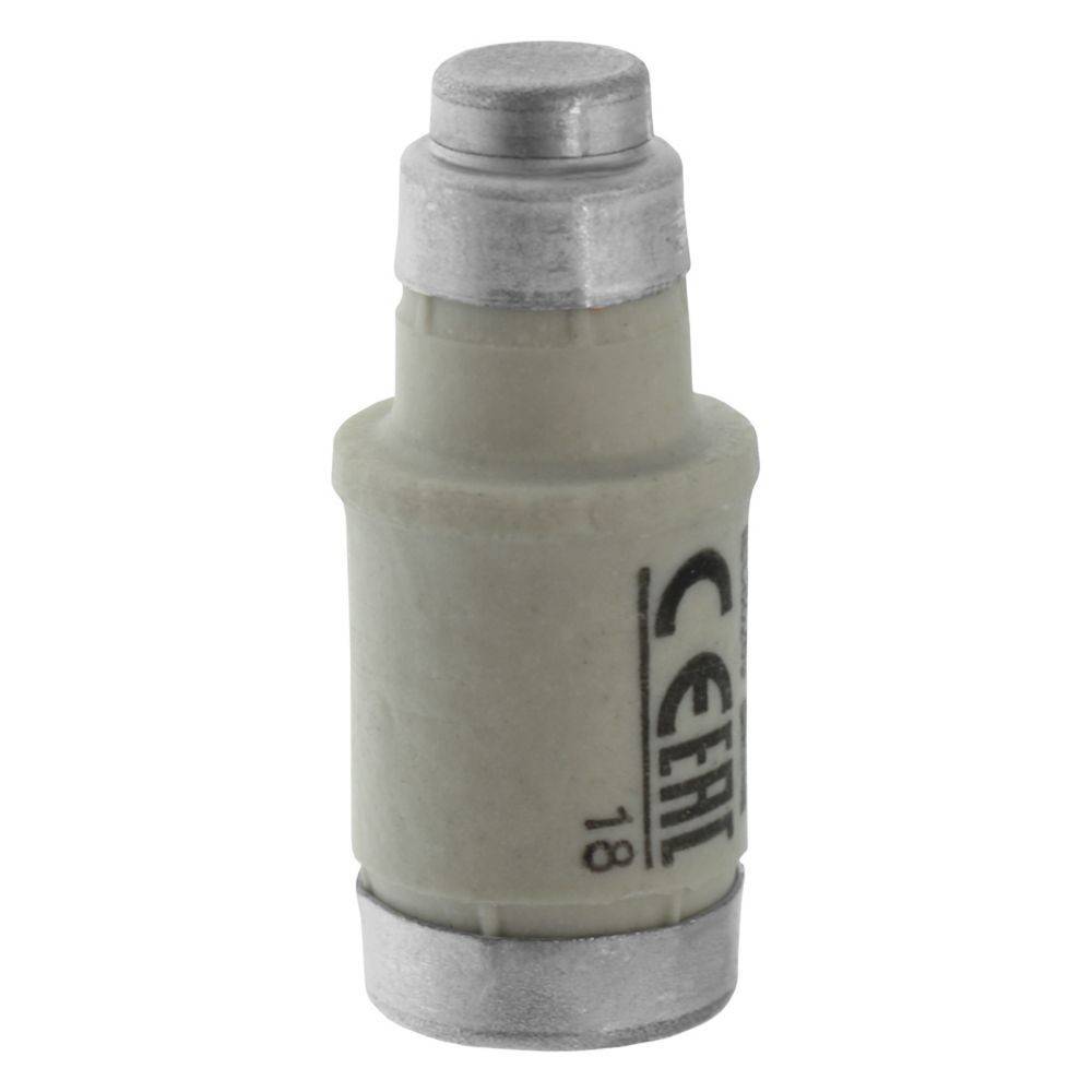 Eine zylindrische, keramische Elektrische Sicherung mit metallischen Enden, beschriftet mit 'CFL 18'.