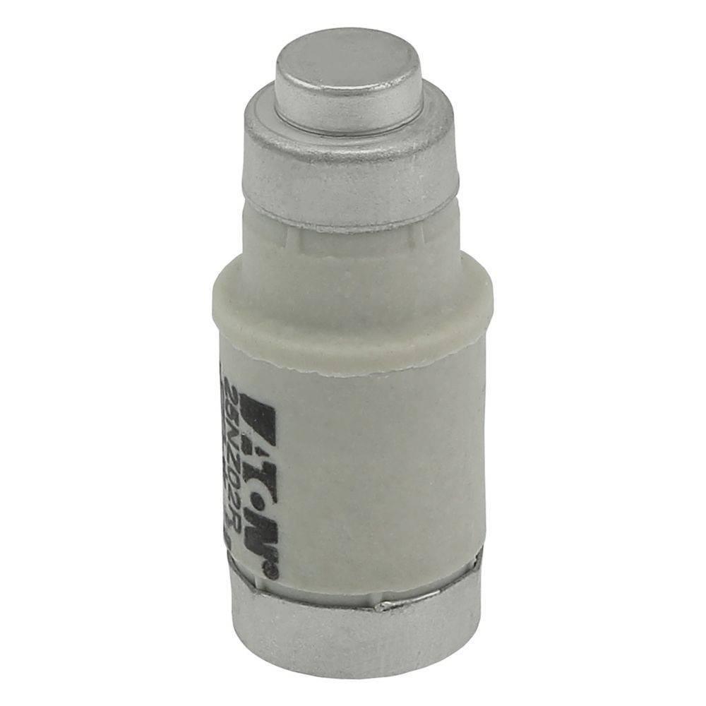 Eine Sicherung in Zylinderbauform mit Metallkappen, versehen mit der Beschriftung 'Eaton'.