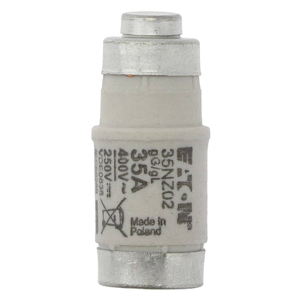 Eine zylindrische Keramikpatrone mit Metallenden, beschriftet mit '35A 400V' und markiert mit 'Made in Poland'.