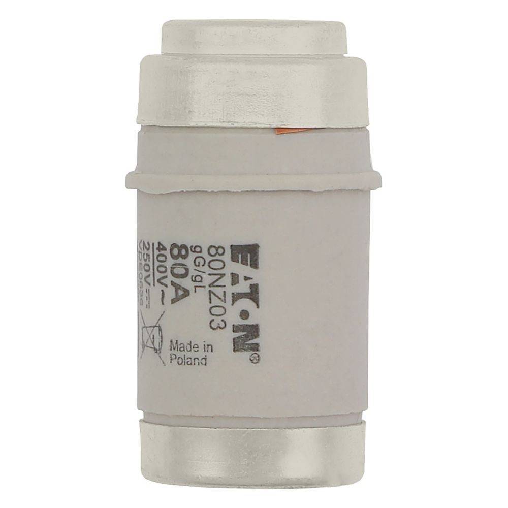 Eine Zylindersicherung mit Silberenden, beschriftet mit „Eaton 80A 400V