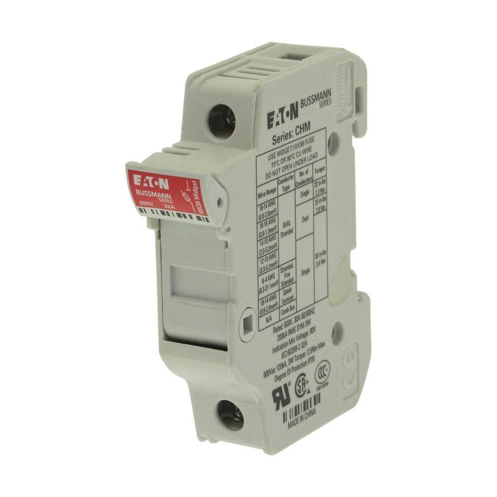 Eaton-Reihe CHM Sicherungsautomatenmodul, weiß, mit Spezifikationsetikett und Markenlogo, verwendet für elektrischen Schutz.