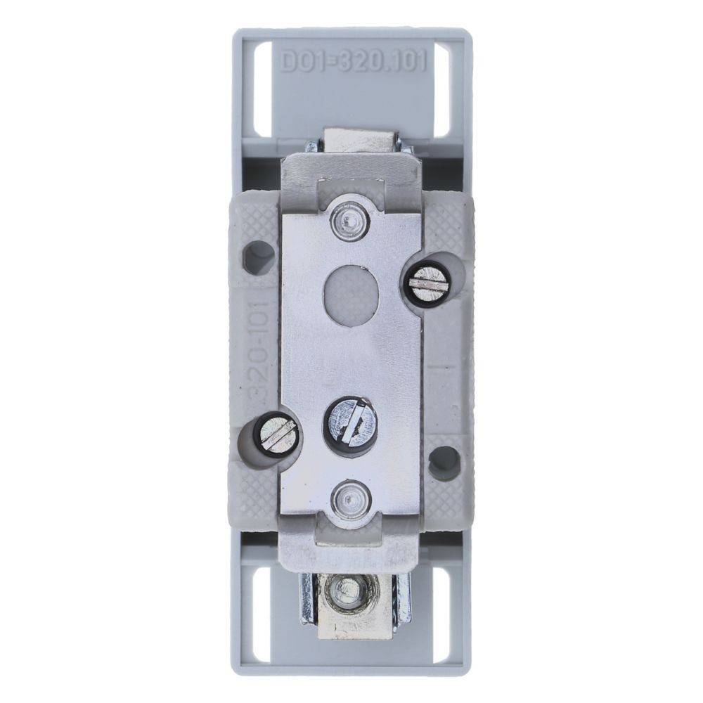 Grauer elektrischer Schalterkomponente mit Schrauben und Metallplatte in der Mitte. Modellnummer D01-320.101 am oberen Rand sichtbar.