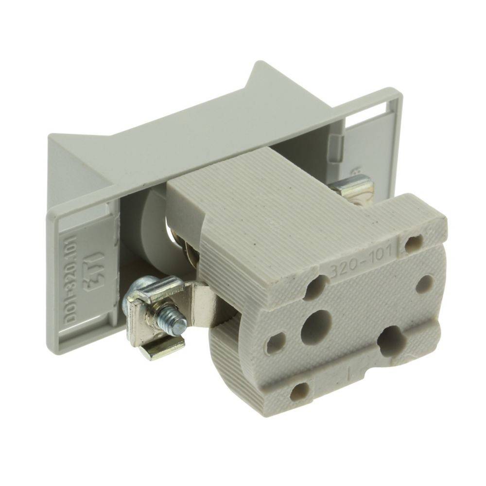 Ein grauer rechteckiger elektrischer Anschluss mit mehreren Löchern und Metallbefestigungen.