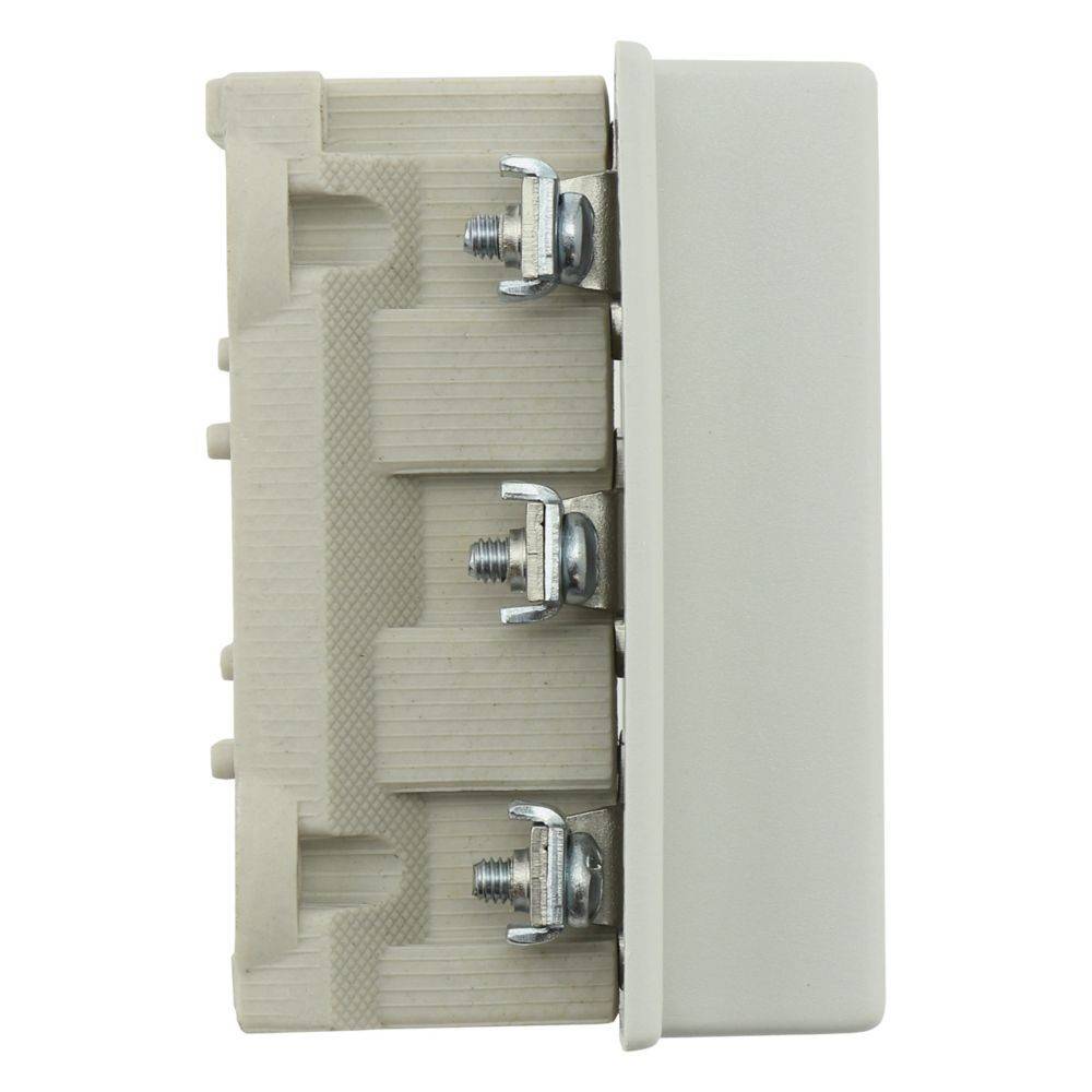 Ein beiger, wandmontierter elektrischer Anschlussblock mit drei vertikal ausgerichteten Schraubenanschlüssen auf der rechten Seite.