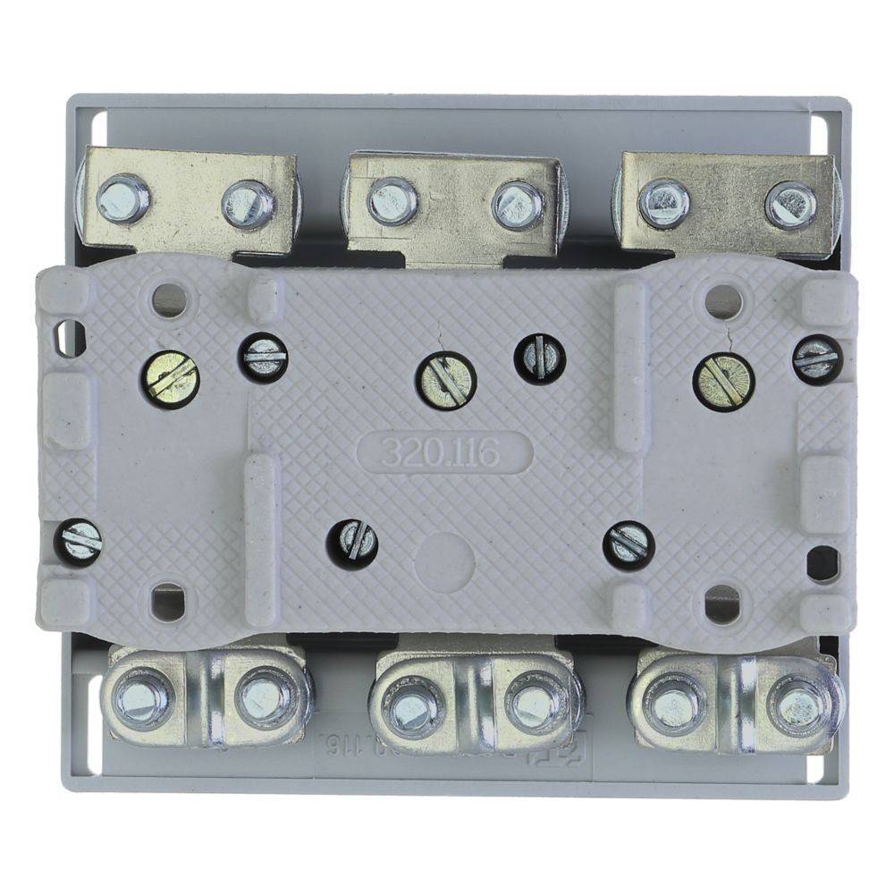 Elektrische Klemmenleiste mit metallischen Anschlüssen und Schrauben, beschriftet mit ‚320116'. Verwendet für Verdrahtungsverbindungen in elektrischen Schaltkreisen.