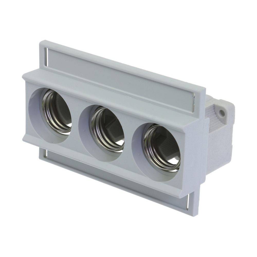 Dreifach-gelochtes zylindrisches Aluminiumlampengehäuse in einem rechteckigen Block, vor einem neutralen Hintergrund abgebildet.