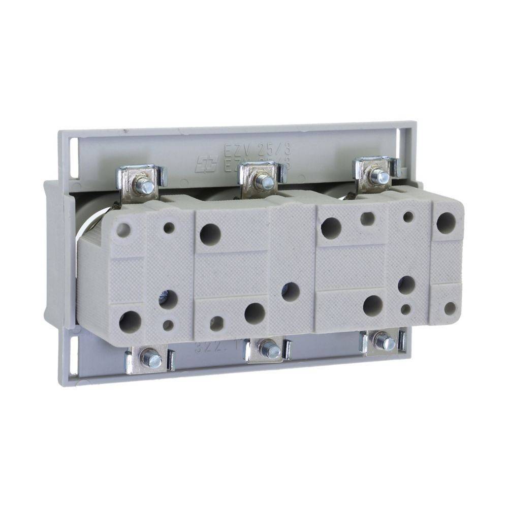 Ein dreipoliger Sicherungshalter mit drei zylindrischen Gehäusen, Metallklemmen und einer grauen rechteckigen Basis zur Stromkreisabsicherung.