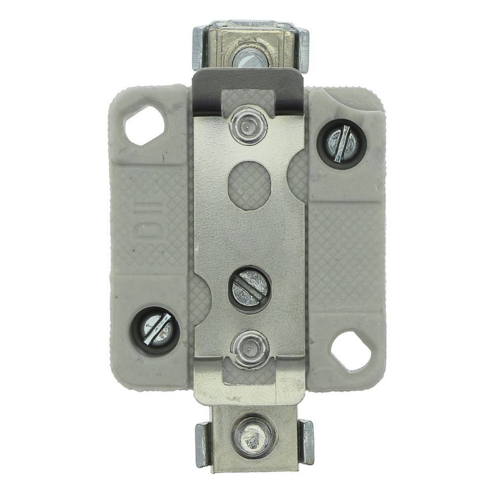 Eine Metall-Elektroschalterkomponente mit vier sichtbaren Schraubenlöchern, für die Wandmontage konzipiert, aus Rückansicht dargestellt.
