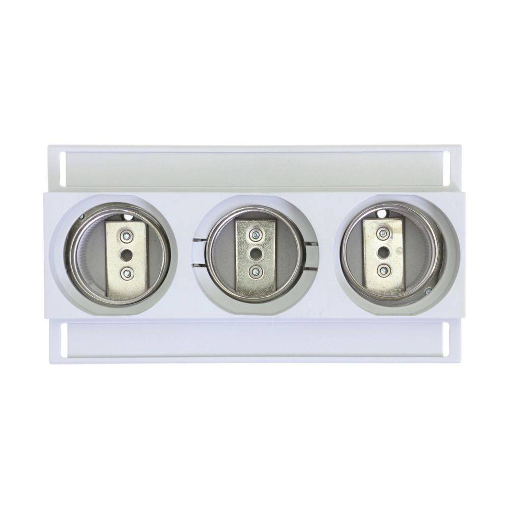 Drei runde Knopfzellenbatteriehalter in einem weißen rechteckigen Kunststoffrahmen, entwickelt zum sicheren Halten von Batterien für elektronische Geräte.
