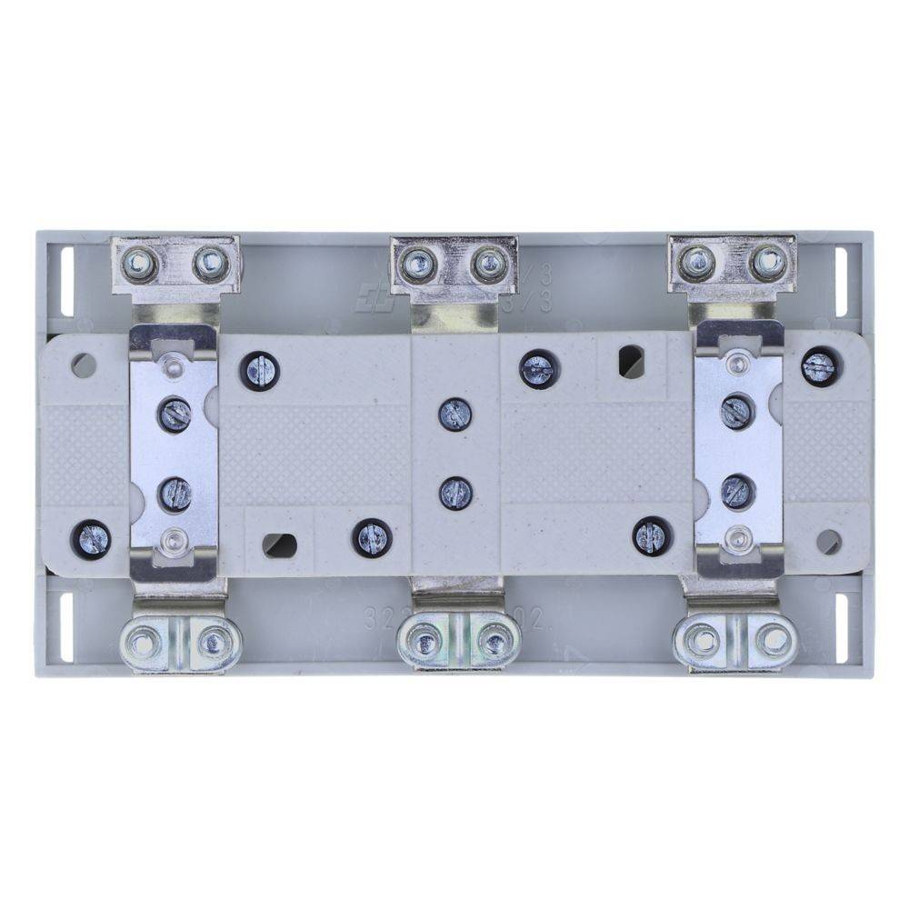 Eine rechteckige Metallbasis mit mehreren Schraubenöffnungen und Anschlusspunkten, die zum Befestigen von elektrischen Komponenten oder Leiterplatten verwendet wird.