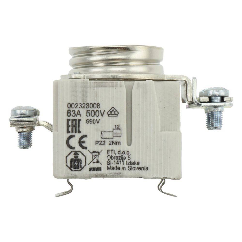 ETI 63A 690V Sicherung, mit silberfarbenem Metalldeckel oben, cremefarbenem Körper und schwarzer Beschriftung. Seitliche Schrauben zur Verbindung. Wird in elektrischen Systemen zum Schutz eingesetzt.